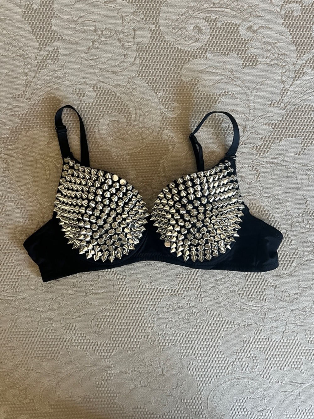 Studded Black Push-Up Bra with Silver Spikes